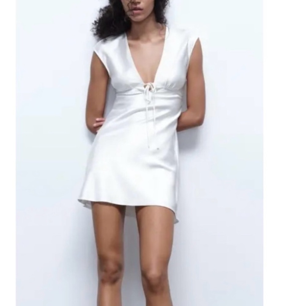 Zara White Ruched Mini Dress with Plunge Neckline